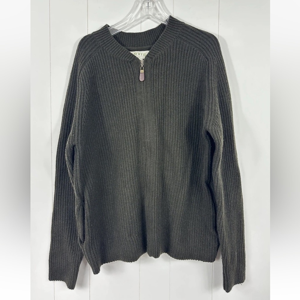 Orvis Sweater Mens XL Olive Green Wool Blend Full Zip Long Sleeve Knit Cardigan